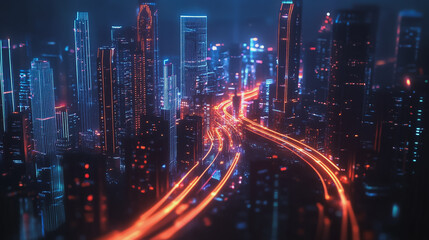 Fototapeta premium Smart digital Innovation city with connection network reciprocity over the cityscape. of future smart wireless digital city and social media networking systems that connects people with in city