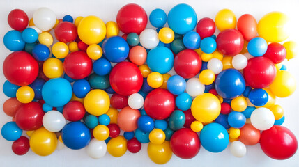 Festive Balloon Backdrop. A vibrant and colorful arrangement of balloons in various sizes and shapes, clustered together to create an eye-catching wall of color. 