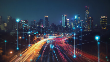 Fototapeta premium Smart digital Innovation city with connection network reciprocity over the cityscape. of future smart wireless digital city and social media networking systems that connects people with in city