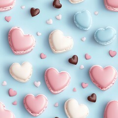 Obraz premium Heart-shaped macarons in pink, white, and light blue, with small chocolate hearts scattered in gaps, realistic design