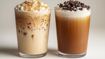 Two iced coffee drinks; one with whipped cream and graham cracker crumbs, the other with whipped cream and coffee beans.