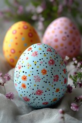 Obraz premium Three painted Easter eggs arranged on a cloth, perfect for spring and Easter themed projects
