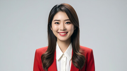 portrait of a japanese professional woman tv news presenter, long hair, smiling front camera wearing formal red suits on a white background ai generate