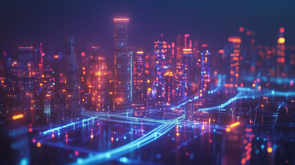 Fototapeta premium Smart digital Innovation city with connection network reciprocity over the cityscape. of future smart wireless digital city and social media networking systems that connects people with in city