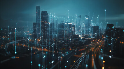 Fototapeta premium Smart digital Innovation city with connection network reciprocity over the cityscape. of future smart wireless digital city and social media networking systems that connects people with in city