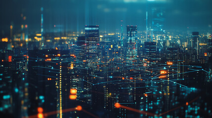 Obraz premium Smart digital Innovation city with connection network reciprocity over the cityscape. of future smart wireless digital city and social media networking systems that connects people with in city