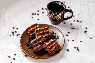 Delicious homemade layered chocolate cake with chocolate chips.