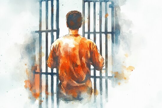 A watercolor painting of a person confined to a jail cell