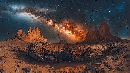 Obraz premium Milky Way galaxy over a desert landscape with dead trees and rock formations at night.