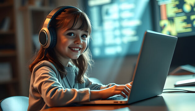 Smiling smart caucasian girl show system programing or coding program in STEM technology education. Child wearing headphone while working by using laptop writing code and look at camera. Erudition, 