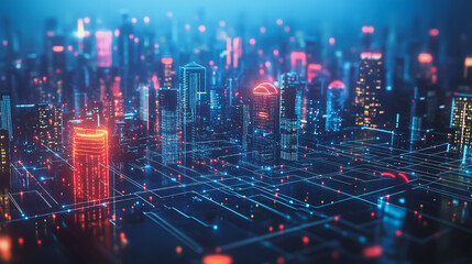 Fototapeta premium Smart digital Innovation city with connection network reciprocity over the cityscape. of future smart wireless digital city and social media networking systems that connects people with in city