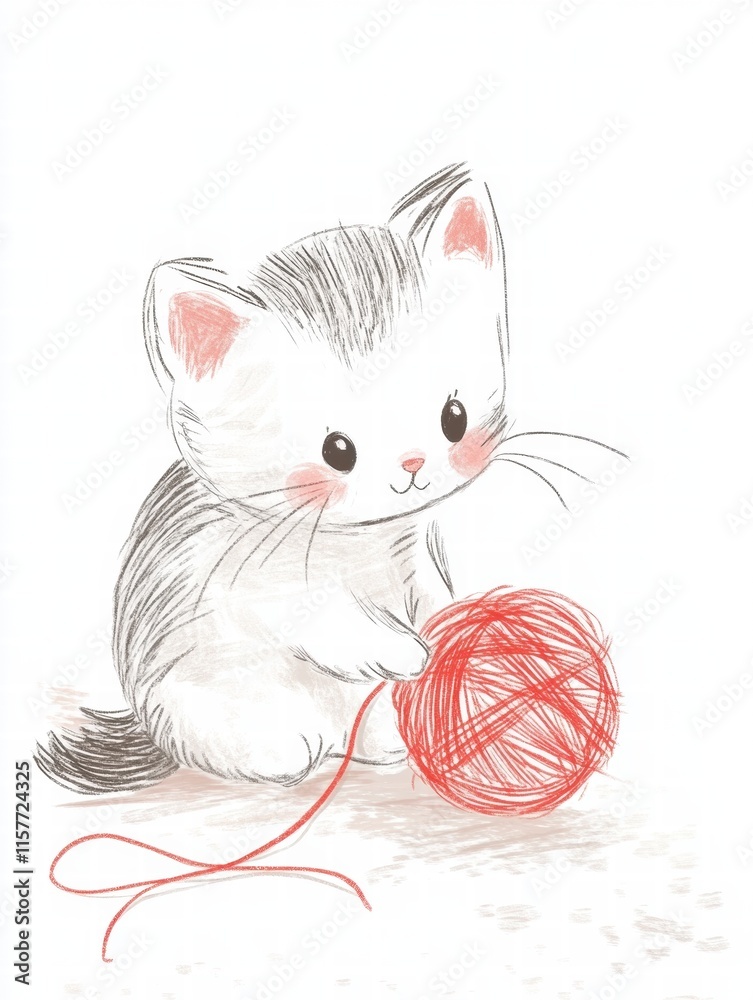 Poster cute kitten playing with red yarn in a cozy indoor setting with space for text or creative design. g