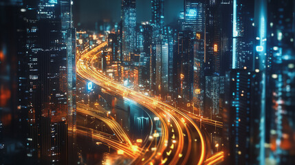 Smart digital Innovation city with connection network reciprocity over the cityscape. of future smart wireless digital city and social media networking systems that connects people with in city