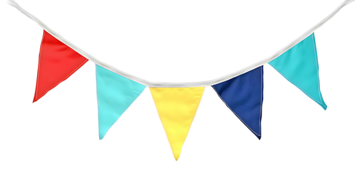 A colorful bunting with red, turquoise, yellow, and blue triangular flags hanging from a white string