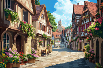 Fototapeta premium Nostalgic illustration of quaint European village with charming houses, vibrant flowers, and sunny sky