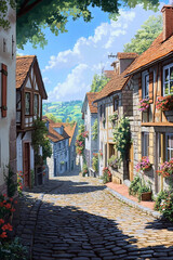 Fototapeta premium charming European village street with cobblestone paths and flower adorned houses, evoking nostalgia and tranquility