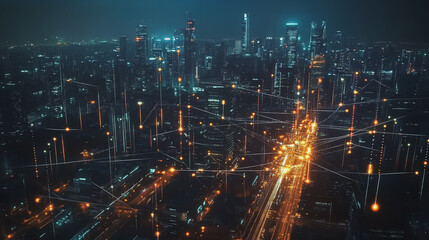 Naklejka premium Smart digital Innovation city with connection network reciprocity over the cityscape. of future smart wireless digital city and social media networking systems that connects people with in city