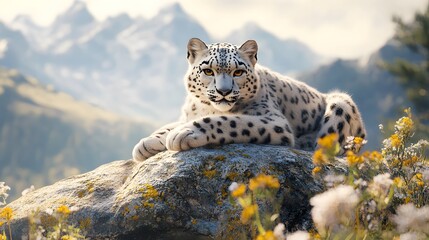 Fototapeta premium Snow Leopard Resting in a Sunlit Landscape