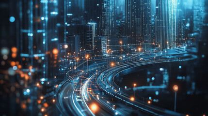 Naklejka premium Smart digital Innovation city with connection network reciprocity over the cityscape. of future smart wireless digital city and social media networking systems that connects people with in city