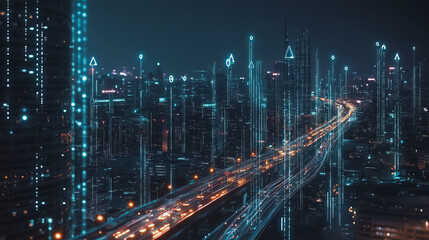 Naklejka premium Smart digital Innovation city with connection network reciprocity over the cityscape. of future smart wireless digital city and social media networking systems that connects people with in city