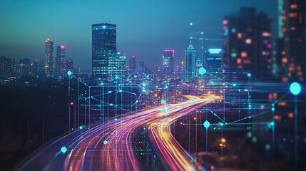 Smart digital Innovation city with connection network reciprocity over the cityscape. of future smart wireless digital city and social media networking systems that connects people with in city
