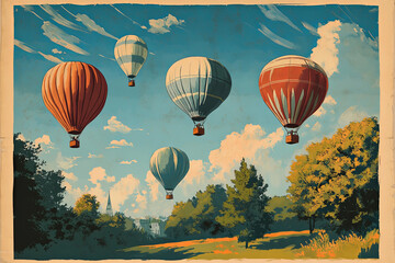 Vintage hot air balloons soaring in blue sky with clouds and trees