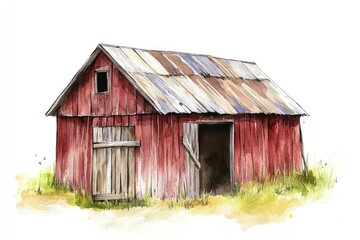 Naklejka premium A classic rural scene with a red barn featuring a tin roof, surrounded by nature