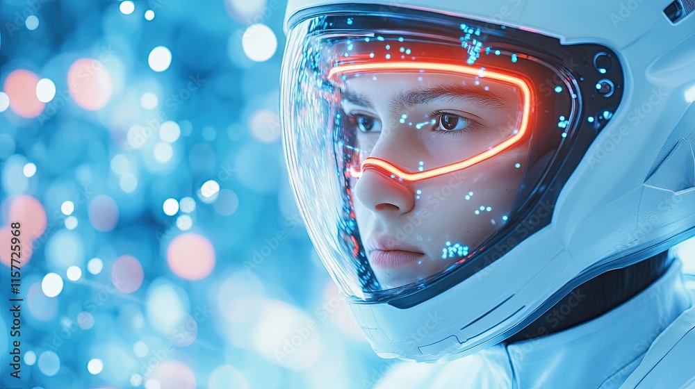 Poster future explorer navigates a mesmerizing world of glowing data and digital wonders
