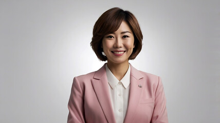 portrait of a japanese professional woman tv news presenter,  long hair, smiling front camera wearing formal pink suits on a white background ai generate