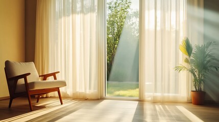Fototapeta premium Serene Morning Sunlight Streaming Through Sheer Curtains in a Cozy Room: Wide Shot Photo. AI Generated