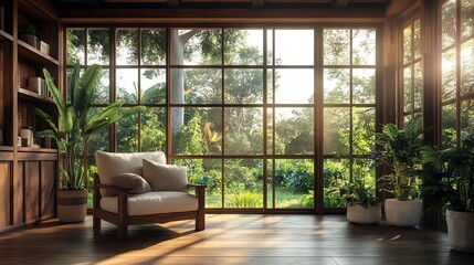 Serene Sunlit Room: 3D Rendered Interior Design Illustration, Warm Minimalist Style. AI Generated