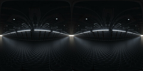 Futuristic Dark Interior Space with Grid Floor 360 vr 3d render panorama