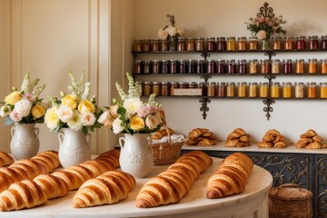 Freshly baked croissants and flowers displayed in a cozy bakery setting