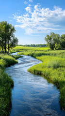 Tranquil River Meandering Through Endless Green Fields on a Bright Sunny Day