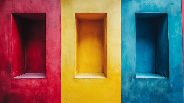 Colorful wall with three recessed empty niches.