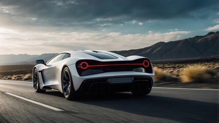 Obraz premium Sleek sports car cruising along an open road during sunset in a mountainous region
