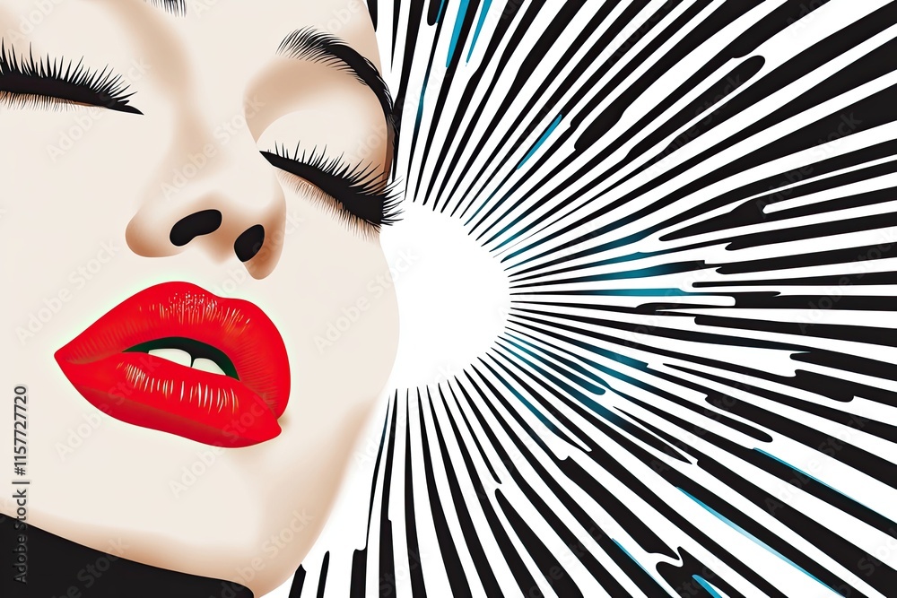 Poster minimalist pop art portrait featuring a striking red lip and dynamic fractal patterns