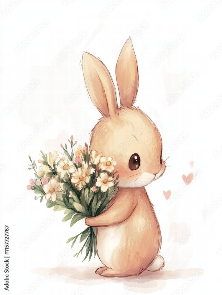 Leinwandbilder cuddly rabbit holding a beautiful bouquet of flowers in a charming illustration with mock up space f