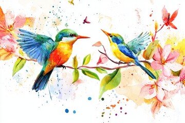 Fototapeta premium Two vibrant birds perched on a tree branch