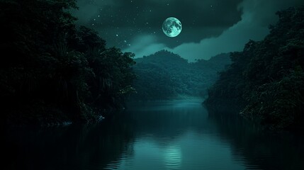 Moonlit river in a lush, dark jungle at night.