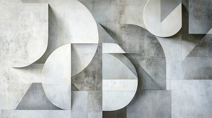 Geometric shapes in soft silver and white tones create modern abstract design