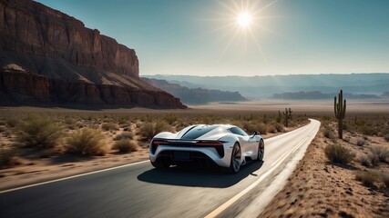 Obraz premium Luxurious sports car drives along a scenic desert road under a bright sun