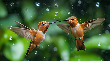 Fototapeta premium Two rufous hummingbirds in mid-air, facing each other during rainfall against a blurred green background.