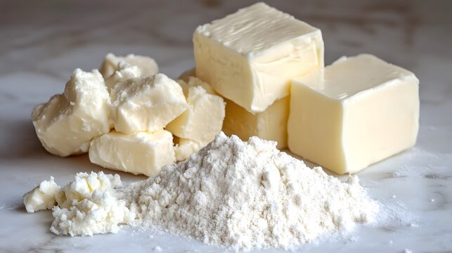 Close-up of baking ingredients:  chunks of butter and a mound of flour on a marble surface.  Ready for baking!