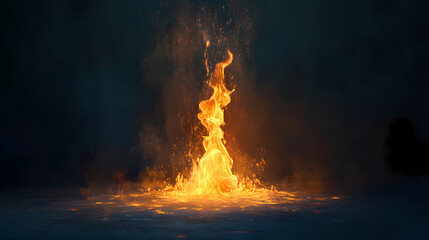 A flame emerges from the ground creating an amber afterglow in the dark room. Incandescent. Illustration