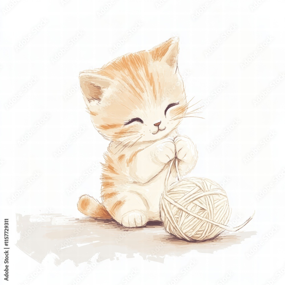 Poster Cute kitten joyfully playing with a soft ball of yarn in a light and cheerful setting. Generative AI