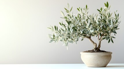 Elegant olive bonsai tree in a light beige pot, set against a minimalist white background.  Perfect for home decor, zen, or nature themes.
