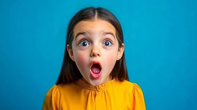 A young girl, around 8 years old, with long dark hair, exclaims in astonishment, her face lighting up with wide eyes and an open mouth. The bright blue backdrop accentuates her cheerful energy and