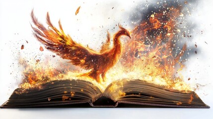 Obraz premium A fiery phoenix rises from an open book, symbolizing rebirth and the power of imagination amidst vibrant flames and sparks.
