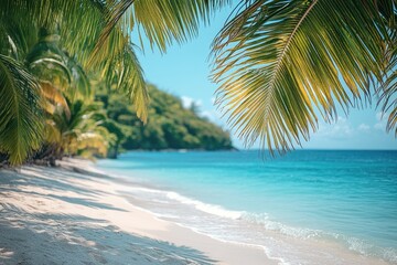 A serene view of a beach with palm trees in the foreground, ideal for travel or vacation themes